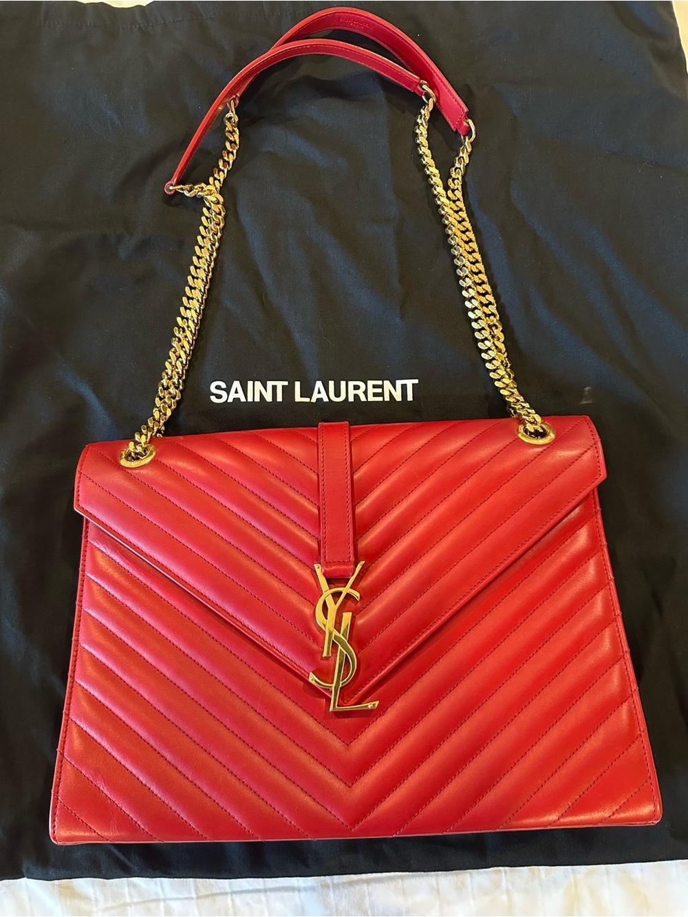 Saint Laurent Red Quilted Leather Shoulder Bag with Gold Chain